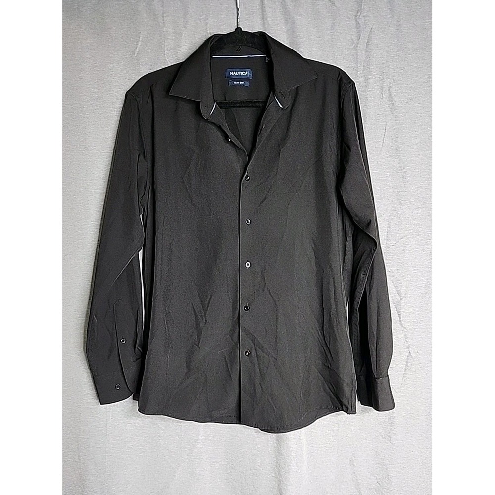 Nautica Shirt Mens Medium Slim Fit Black Long Sleeve Button Up Polyester Spandex